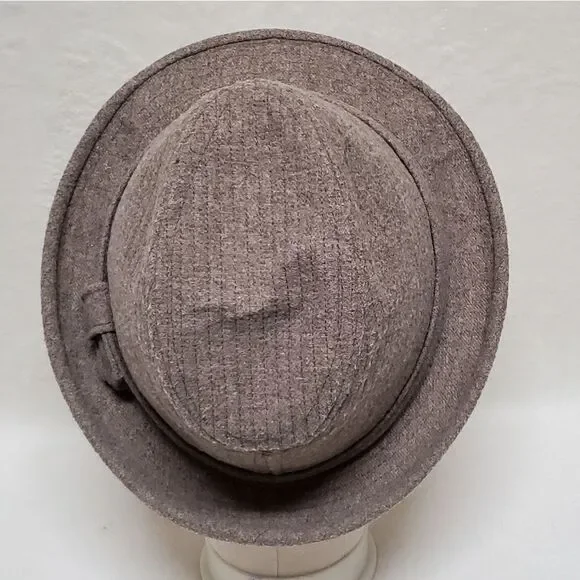 𝅺VINTAGE Totes Wool Felt Tan Gray Striped Lined Fedora Hat Extra Large